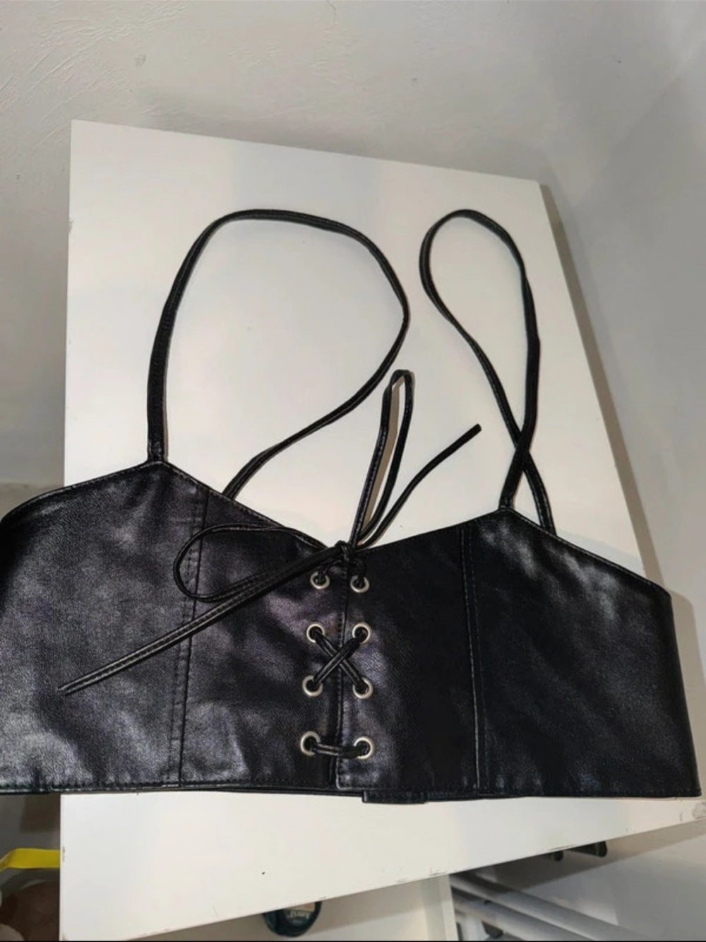 Black Faux Leather Lace-Up Crop Top